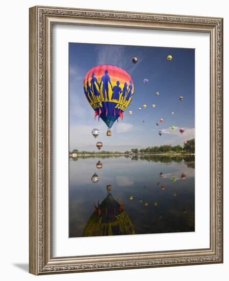 Hot Air Balloons Reflected in Prospect Lake, Colorado Springs, Colorado, USA-Don Grall-Framed Photographic Print