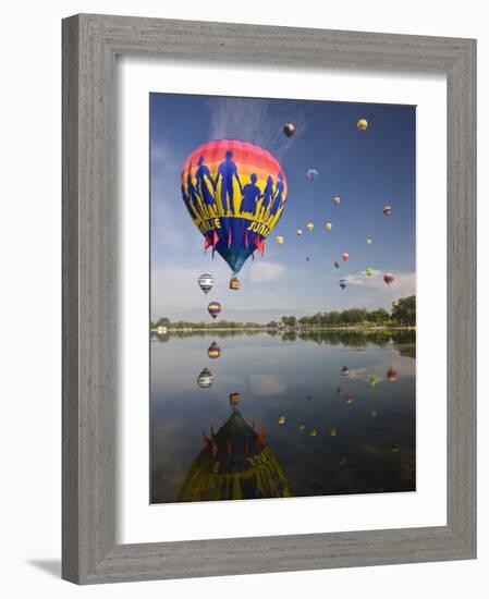 Hot Air Balloons Reflected in Prospect Lake, Colorado Springs, Colorado, USA-Don Grall-Framed Photographic Print