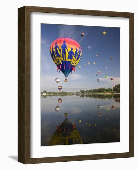 Hot Air Balloons Reflected in Prospect Lake, Colorado Springs, Colorado, USA-Don Grall-Framed Photographic Print