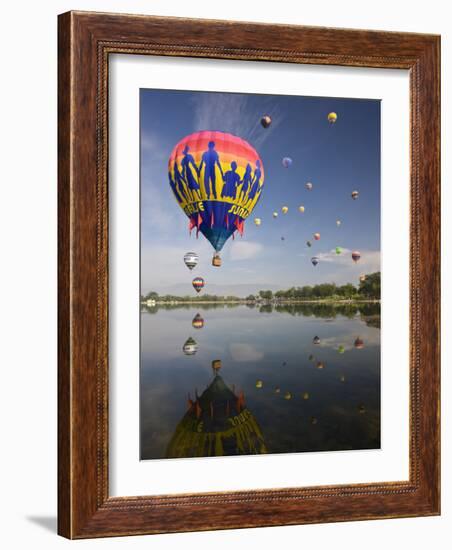 Hot Air Balloons Reflected in Prospect Lake, Colorado Springs, Colorado, USA-Don Grall-Framed Photographic Print