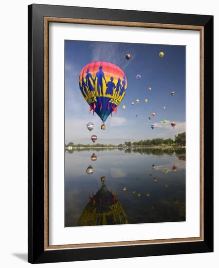 Hot Air Balloons Reflected in Prospect Lake, Colorado Springs, Colorado, USA-Don Grall-Framed Photographic Print