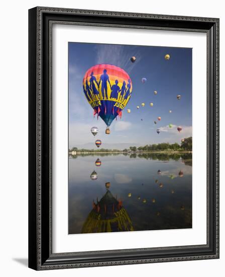 Hot Air Balloons Reflected in Prospect Lake, Colorado Springs, Colorado, USA-Don Grall-Framed Photographic Print