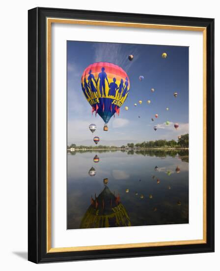 Hot Air Balloons Reflected in Prospect Lake, Colorado Springs, Colorado, USA-Don Grall-Framed Photographic Print