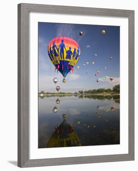 Hot Air Balloons Reflected in Prospect Lake, Colorado Springs, Colorado, USA-Don Grall-Framed Photographic Print