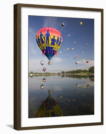 Hot Air Balloons Reflected in Prospect Lake, Colorado Springs, Colorado, USA-Don Grall-Framed Photographic Print