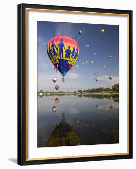 Hot Air Balloons Reflected in Prospect Lake, Colorado Springs, Colorado, USA-Don Grall-Framed Photographic Print