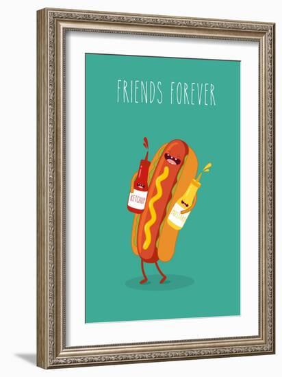 Hot Dog, Mustard and Ketchup.Vector Cartoon. Fast Food. Friends Forever.-Serbinka-Framed Art Print