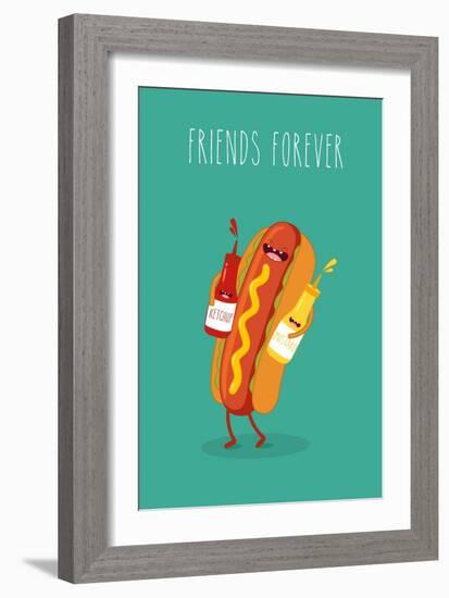 Hot Dog, Mustard and Ketchup.Vector Cartoon. Fast Food. Friends Forever.-Serbinka-Framed Art Print