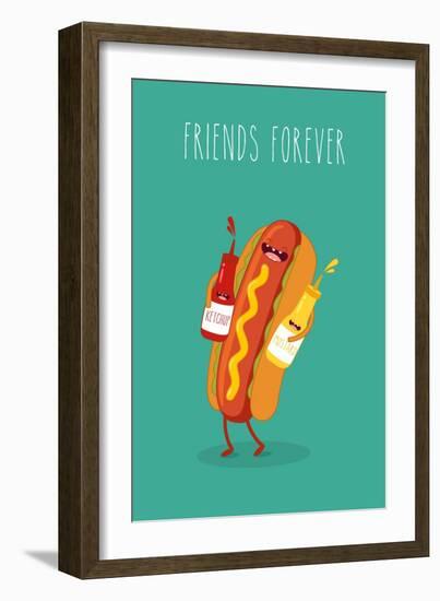 Hot Dog, Mustard and Ketchup.Vector Cartoon. Fast Food. Friends Forever.-Serbinka-Framed Art Print