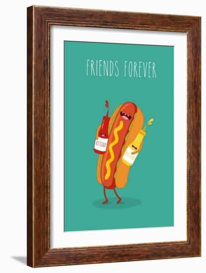 Hot Dog, Mustard and Ketchup.Vector Cartoon. Fast Food. Friends Forever.-Serbinka-Framed Art Print