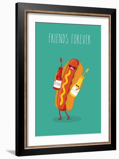 Hot Dog, Mustard and Ketchup.Vector Cartoon. Fast Food. Friends Forever.-Serbinka-Framed Art Print