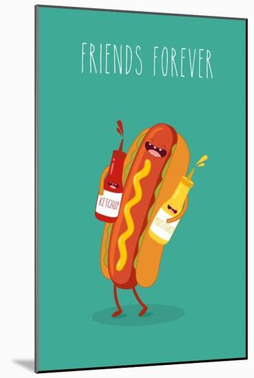 Hot Dog, Mustard and Ketchup.Vector Cartoon. Fast Food. Friends Forever.-Serbinka-Mounted Art Print