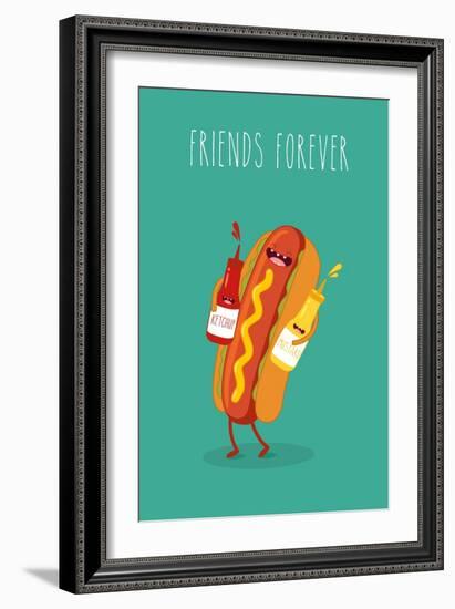 Hot Dog, Mustard and Ketchup.Vector Cartoon. Fast Food. Friends Forever.-Serbinka-Framed Art Print