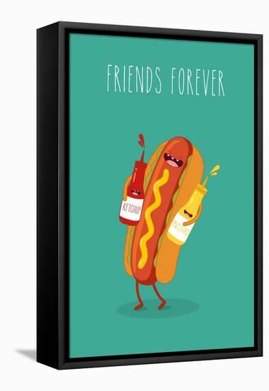 Hot Dog, Mustard and Ketchup.Vector Cartoon. Fast Food. Friends Forever.-Serbinka-Framed Stretched Canvas