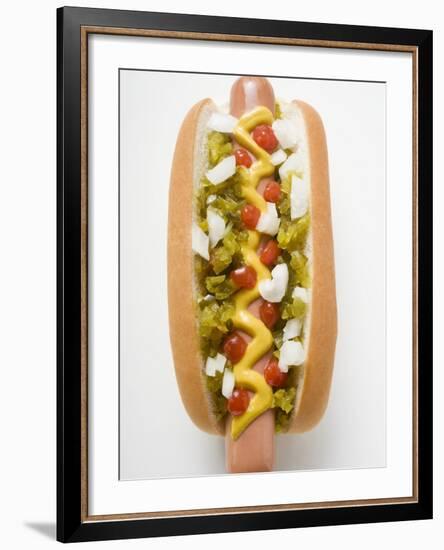 Hot Dog with Relish, Mustard, Ketchup and Onions-null-Framed Photographic Print