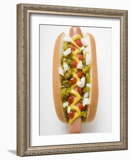 Hot Dog with Relish, Mustard, Ketchup and Onions-null-Framed Photographic Print