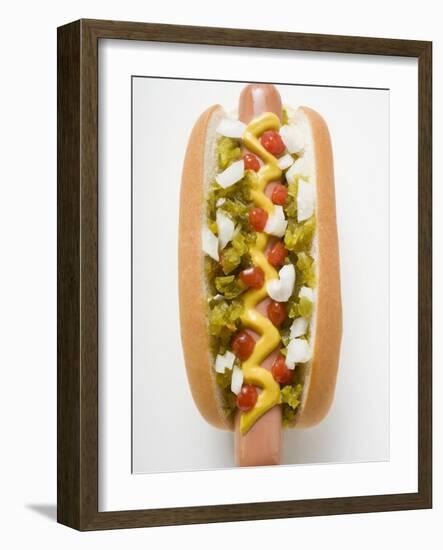 Hot Dog with Relish, Mustard, Ketchup and Onions-null-Framed Photographic Print