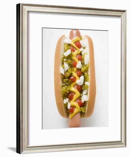 Hot Dog with Relish, Mustard, Ketchup and Onions-null-Framed Photographic Print