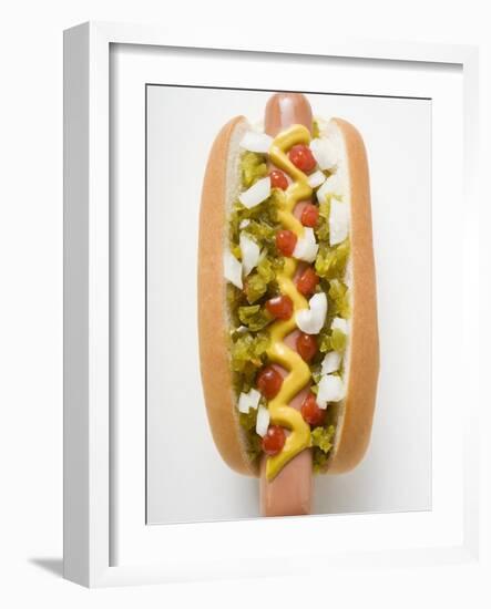 Hot Dog with Relish, Mustard, Ketchup and Onions-null-Framed Photographic Print