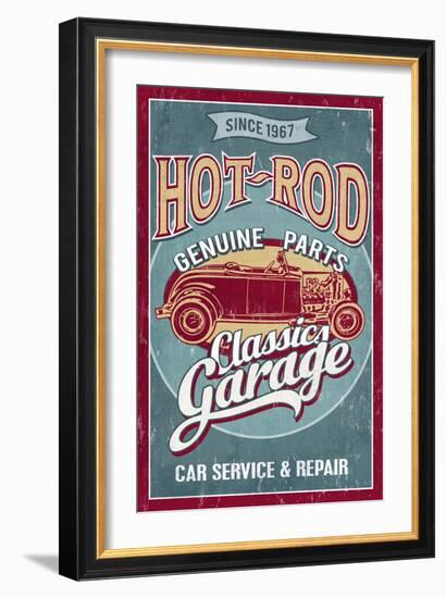 Hot Rod Garage - Classic Cars - Vintage Sign-Lantern Press-Framed Art Print