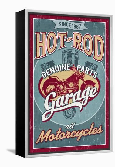 Hot Rod Garage - Motorcycles - Vintage Sign-Lantern Press-Framed Stretched Canvas