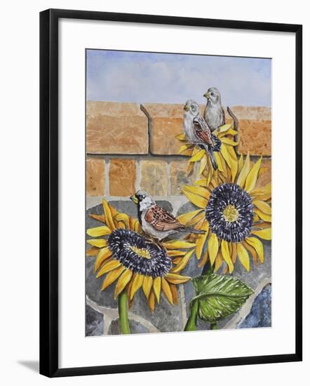 House Sparows with Sunflowers-Charlsie Kelly-Framed Giclee Print