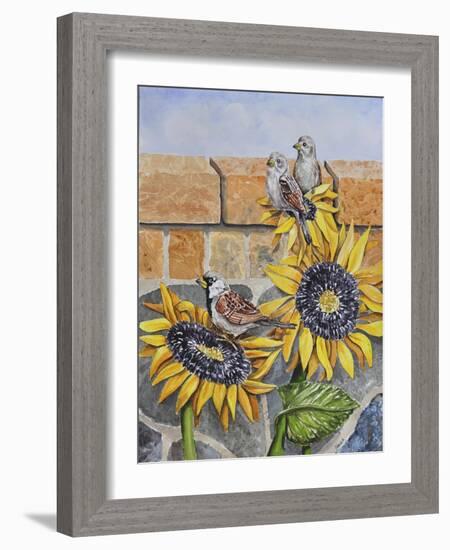 House Sparows with Sunflowers-Charlsie Kelly-Framed Giclee Print