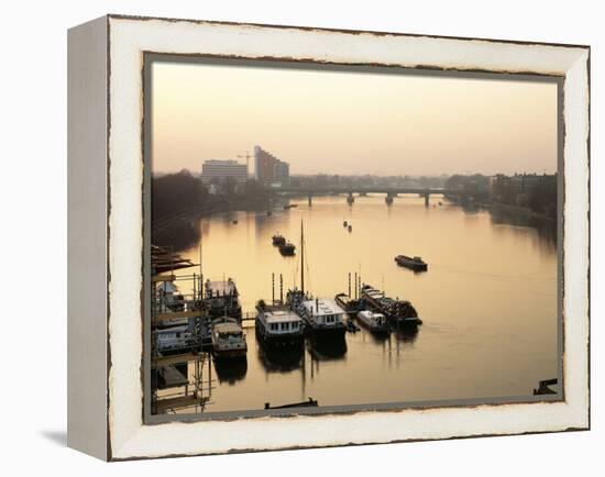 Houseboats Moored on River Thames with Putney Bridge at Sunset, Uk-Simon Warren-Framed Premier Image Canvas