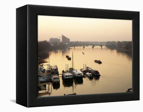 Houseboats Moored on River Thames with Putney Bridge at Sunset, Uk-Simon Warren-Framed Premier Image Canvas