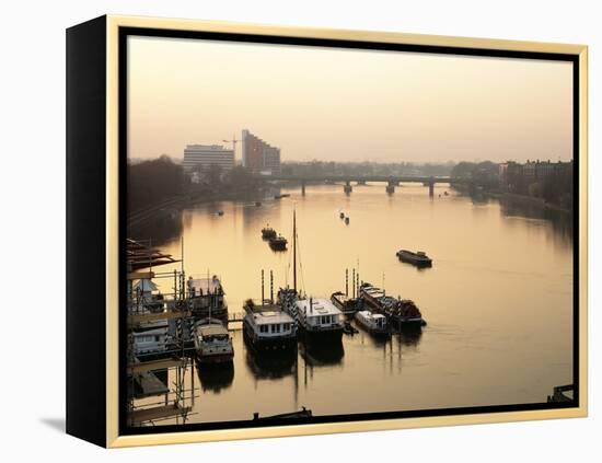 Houseboats Moored on River Thames with Putney Bridge at Sunset, Uk-Simon Warren-Framed Premier Image Canvas