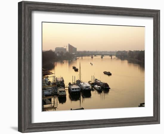 Houseboats Moored on River Thames with Putney Bridge at Sunset, Uk-Simon Warren-Framed Photographic Print