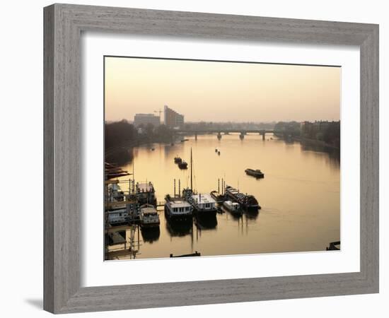 Houseboats Moored on River Thames with Putney Bridge at Sunset, Uk-Simon Warren-Framed Photographic Print