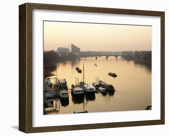 Houseboats Moored on River Thames with Putney Bridge at Sunset, Uk-Simon Warren-Framed Photographic Print