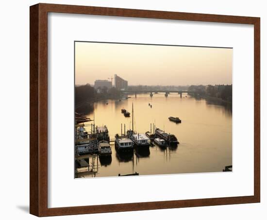 Houseboats Moored on River Thames with Putney Bridge at Sunset, Uk-Simon Warren-Framed Photographic Print