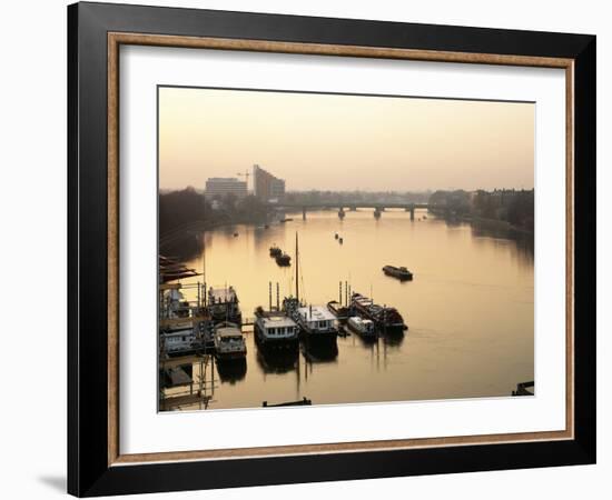 Houseboats Moored on River Thames with Putney Bridge at Sunset, Uk-Simon Warren-Framed Photographic Print