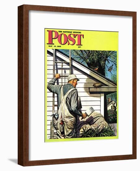 "Housepainter and Bird's Nest," Saturday Evening Post Cover, May 12, 1945-Stevan Dohanos-Framed Giclee Print