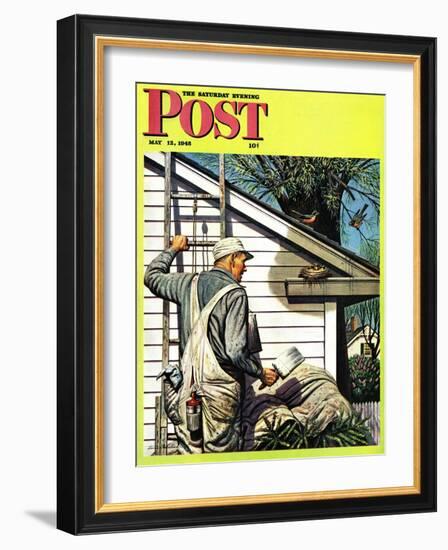 "Housepainter and Bird's Nest," Saturday Evening Post Cover, May 12, 1945-Stevan Dohanos-Framed Giclee Print