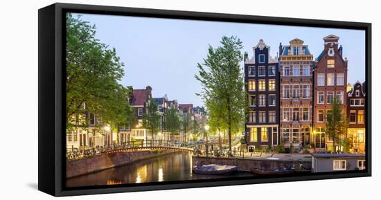 Houses Along Canal at Dusk at Intersection of Herengracht and Brouwersgracht, Amsterdam-null-Framed Stretched Canvas