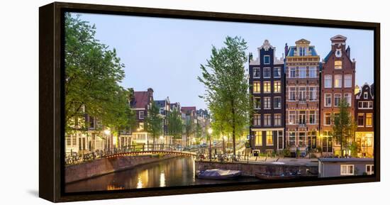 Houses Along Canal at Dusk at Intersection of Herengracht and Brouwersgracht, Amsterdam-null-Framed Stretched Canvas