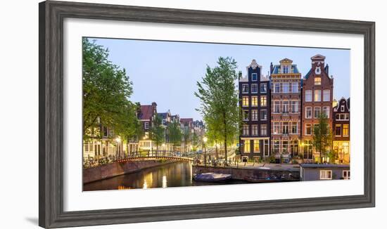 Houses Along Canal at Dusk at Intersection of Herengracht and Brouwersgracht, Amsterdam-null-Framed Photographic Print