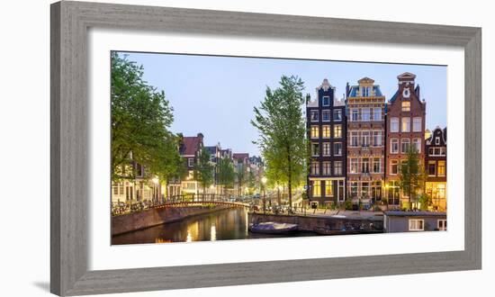 Houses Along Canal at Dusk at Intersection of Herengracht and Brouwersgracht, Amsterdam-null-Framed Photographic Print