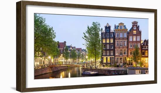 Houses Along Canal at Dusk at Intersection of Herengracht and Brouwersgracht, Amsterdam-null-Framed Photographic Print