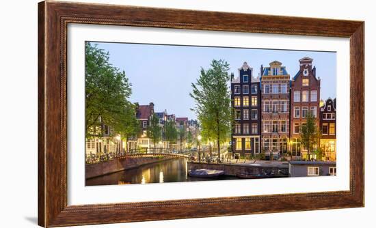 Houses Along Canal at Dusk at Intersection of Herengracht and Brouwersgracht, Amsterdam-null-Framed Photographic Print