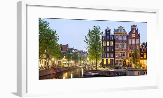 Houses Along Canal at Dusk at Intersection of Herengracht and Brouwersgracht, Amsterdam-null-Framed Photographic Print