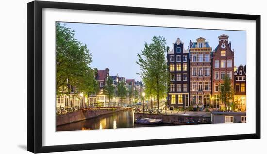 Houses Along Canal at Dusk at Intersection of Herengracht and Brouwersgracht, Amsterdam-null-Framed Photographic Print