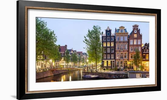 Houses Along Canal at Dusk at Intersection of Herengracht and Brouwersgracht, Amsterdam-null-Framed Photographic Print