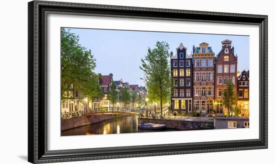 Houses Along Canal at Dusk at Intersection of Herengracht and Brouwersgracht, Amsterdam-null-Framed Photographic Print