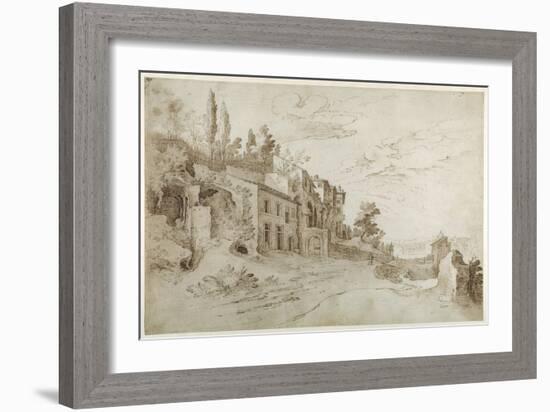 Houses Among the Ruins with a Distant View of Rome (Pen and Ink with Wash on Paper)-Sebastian Vrancx-Framed Giclee Print