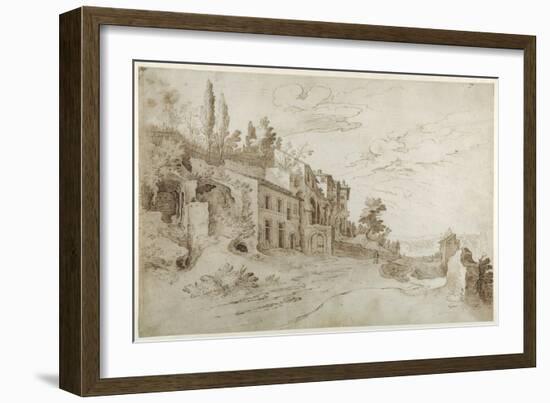 Houses Among the Ruins with a Distant View of Rome (Pen and Ink with Wash on Paper)-Sebastian Vrancx-Framed Giclee Print