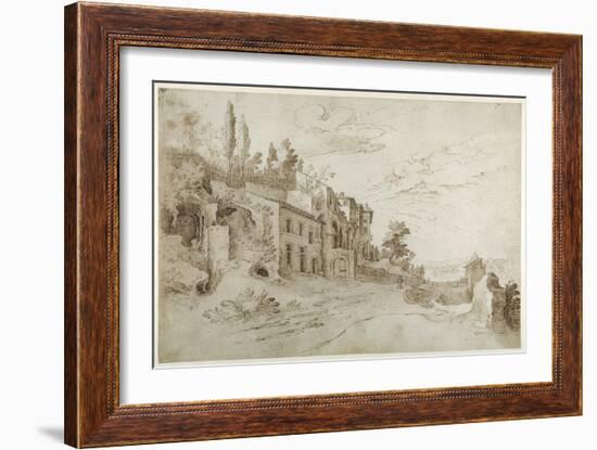 Houses Among the Ruins with a Distant View of Rome (Pen and Ink with Wash on Paper)-Sebastian Vrancx-Framed Giclee Print